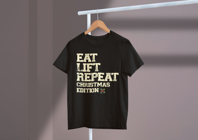 Eat, lift, repeat Christmas edition Workout Funny Routine. Essen, heben, wiederholen Sie die Weihnachtsausgabe „Workout Funny Routine“.