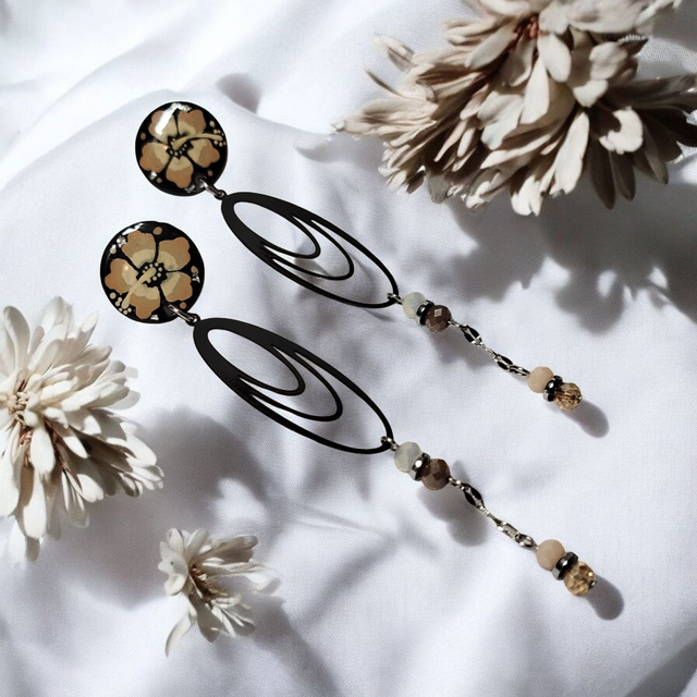 Boucles d'oreilles Flora taupe et noir