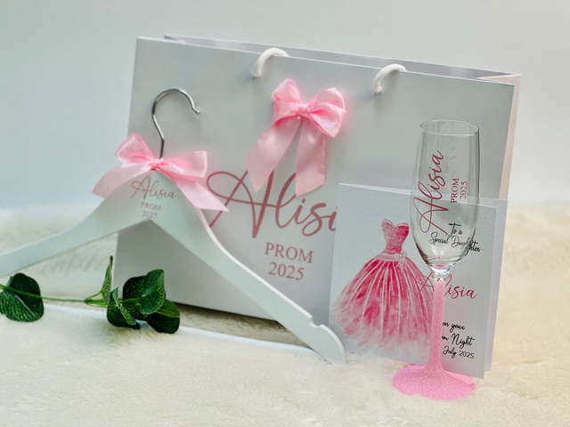 Complete Prom Set:  Glitter Glass, Hanger, Gift Bag and card 