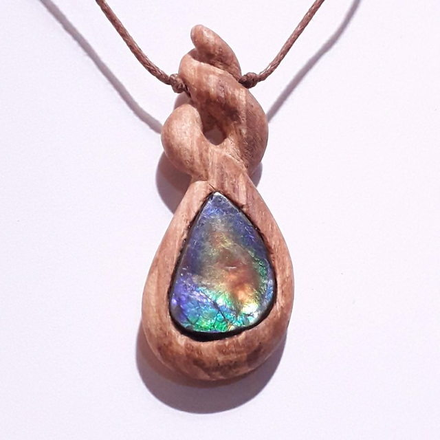 Rainbow Ammolite Necklace with Hand Carved Palo Santo Wood