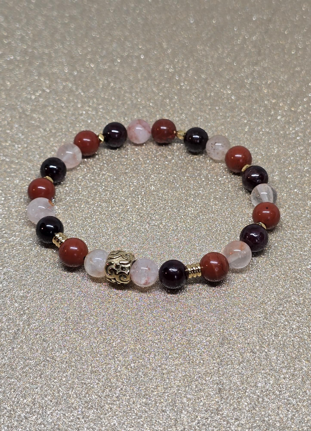 Bracelet Énergie vitale :  Grenat, Jaspe rouge, Quartz hématoïde en 0,8 cm 