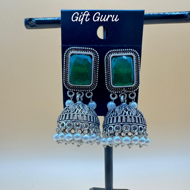 Green stone oxidised Jhumkas 