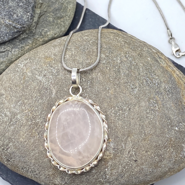 REFURBISHED Rose Quartz Sterling Silver Pendant 20" Necklace