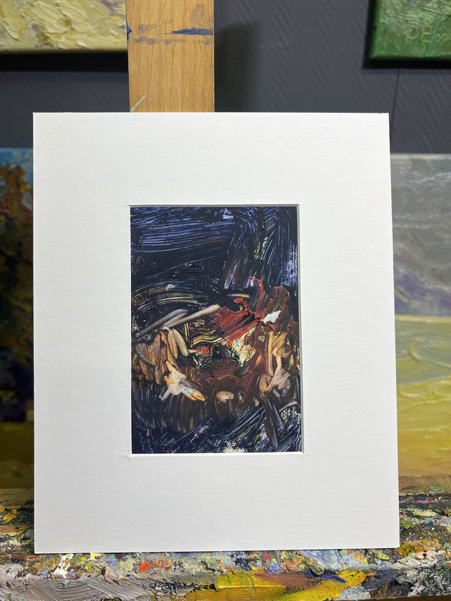 Fragment 808 „Das verborgene Auge“ von Rostyslav Voronko, Öl auf Karton, 2024 – verborgenes Auge in Dunkelblau und Rot.