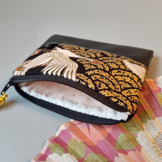 Porte-monnaie zippé "Grues" simili cuir noir