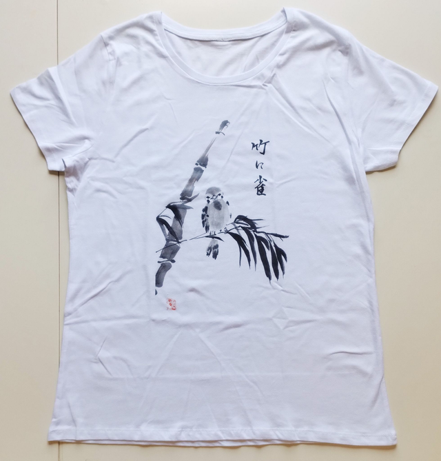 White Color Cotton T-shirt, Sparrow and Bamboo Pattern, Printed T-shirt