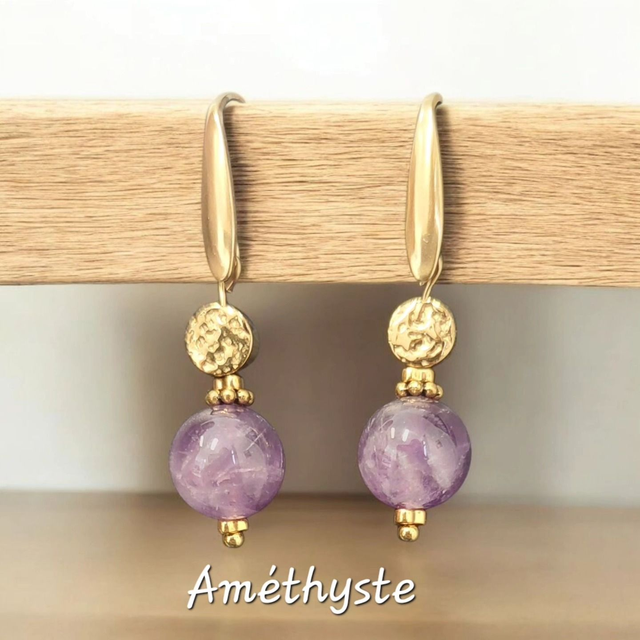 Boucles d'oreilles "Essence de sagesse" pour femme en Améthyste, Hématite dorée et acier inoxydable