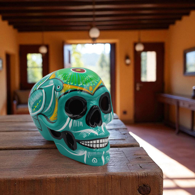Sculpture Calavera en Terre Cuite (Grande) - Peinte à la Main (Verte)