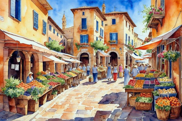 Affiche Artistique de Marché Méditerranéen : Aquarelle Lumineuse et Vie de Village en Été