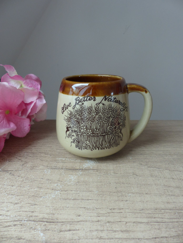 Mug Rustique en Grès Épi de Blé, Tasse Originale pour Café et Thé, Idée Cadeau Nature, Vintage Live Better Naturally, Bureau Déco Cuisine