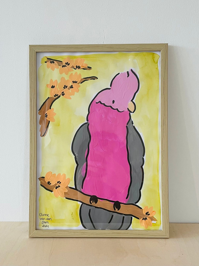 Schilderij roze kaketoe, 21 x 30 cm