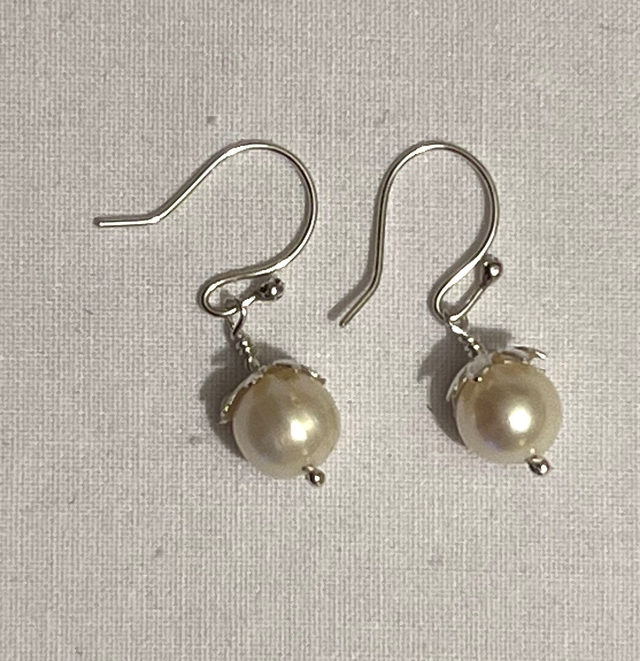 White Freshwater Pearl Drop Earrings with Silver Caps – Recycled Sterling Silver