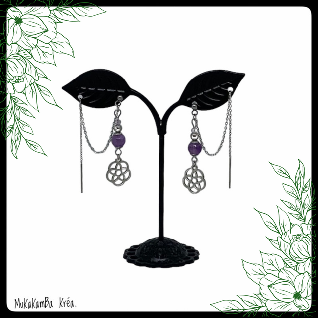 Boucles d’oreilles en acier inoxydable, chaînette à faire passer dans le second trou et perles en pierres naturelles