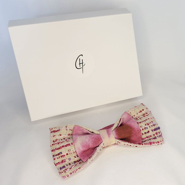 Double Noeud papillon reglable - Tweed et Soie Rose - Pièce Unique (1)