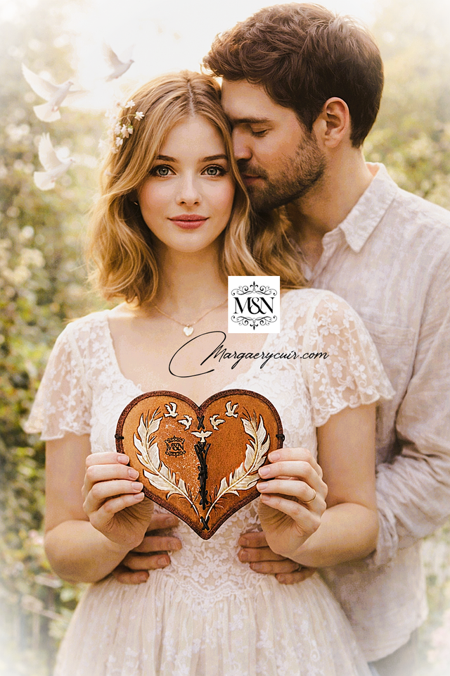 Carnet artisanal en cuir coeur de plumes