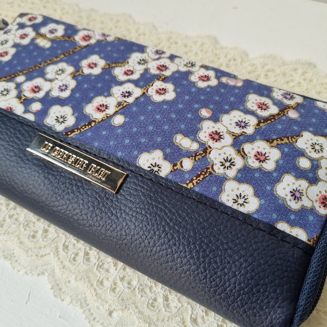 Portefeuille long zippé "Haruka" bleu & simili cuir bleu marine