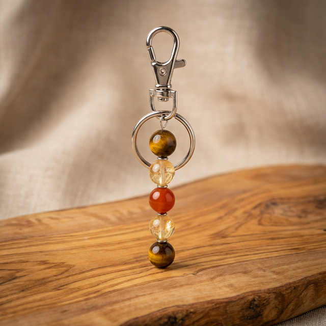 Porte-clé "Abondance" en Pierres Naturelles – Citrine, Cornaline et Œil de Tigre