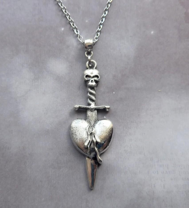 Skull Sword Through Heart Necklace 
