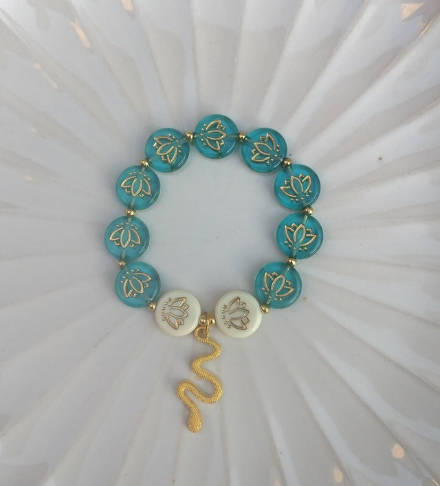 Lotus &amp; Gold Snake Beaded Bracelet – Handmade Serenity