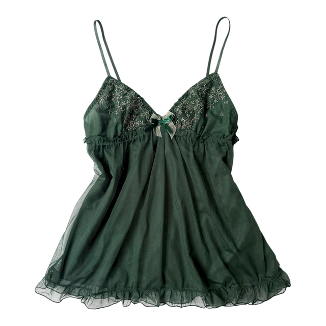 winter forest coquette dark green gold snowflake embroidered cups cami  