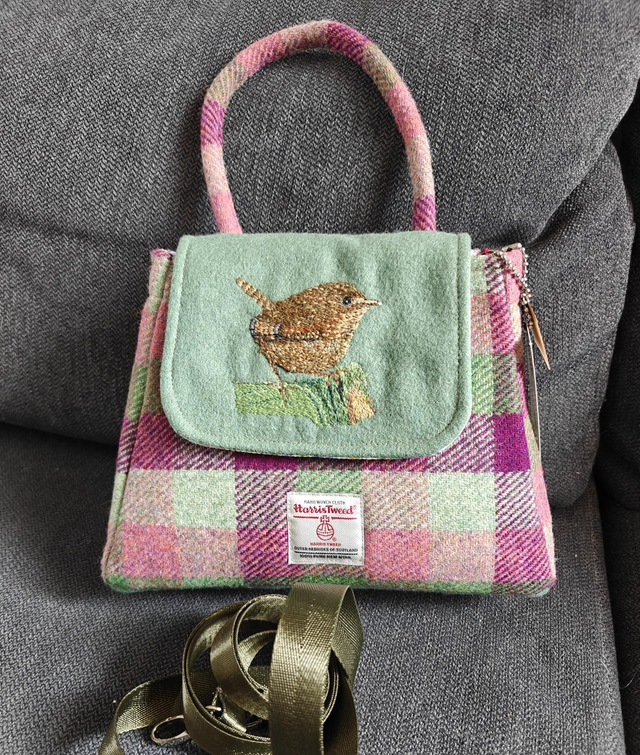 Hand embroidered Harris Tweed bag. Wren bird design