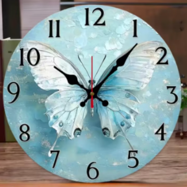 Ronde wandklok van hout Blauwe Vlinder (25cm)