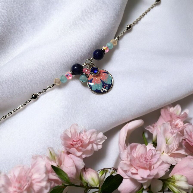 bracelet acier inoxydable motifs japonais bleu rose et argenté