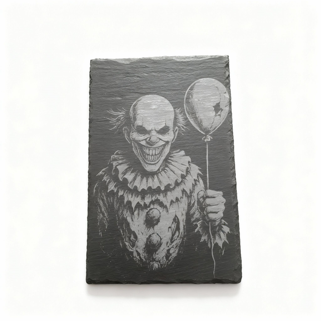 Gravierte Schieferplatte „Creepy Clown“ – Außergewöhnliches Design für besondere Akzente
