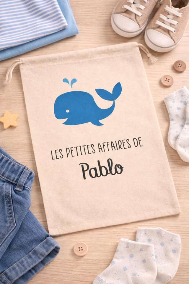 🐳 Sac “Les petites affaires de Prénom” – Baleine bleue