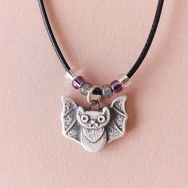 Bat necklace - handmade - clay bet charm - ceramic bat pendant