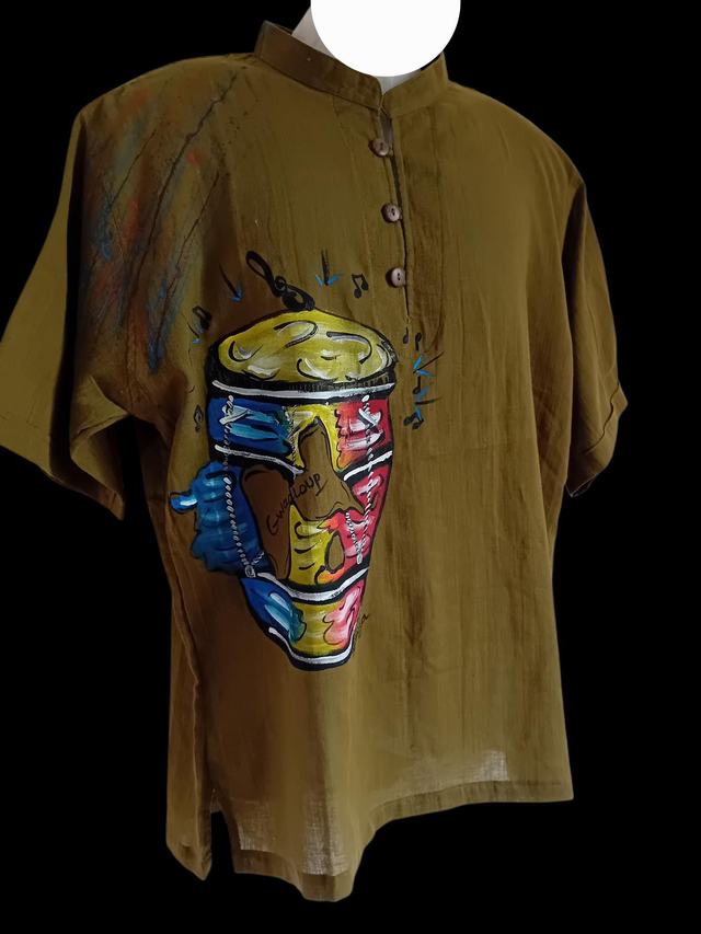 Chemise vert kaki col mao peint main