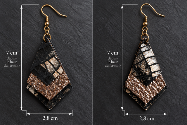 Éclat Cuivré – Boucles d’oreilles en cuir noir et bronze aux formes géométriques