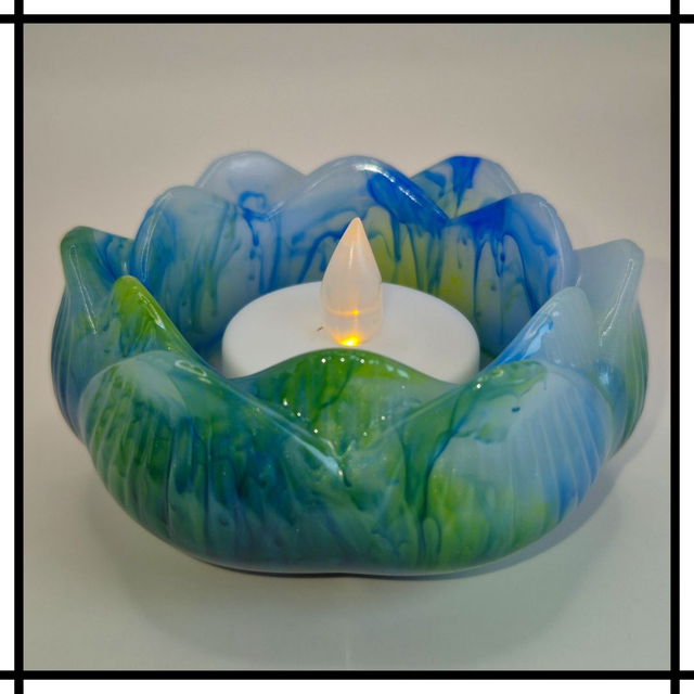 Handmade Resin Small Flower Tealight Holder – Ink Drop Blue &amp; Green | Decorative Mindfulness Home Décor - SFT-002