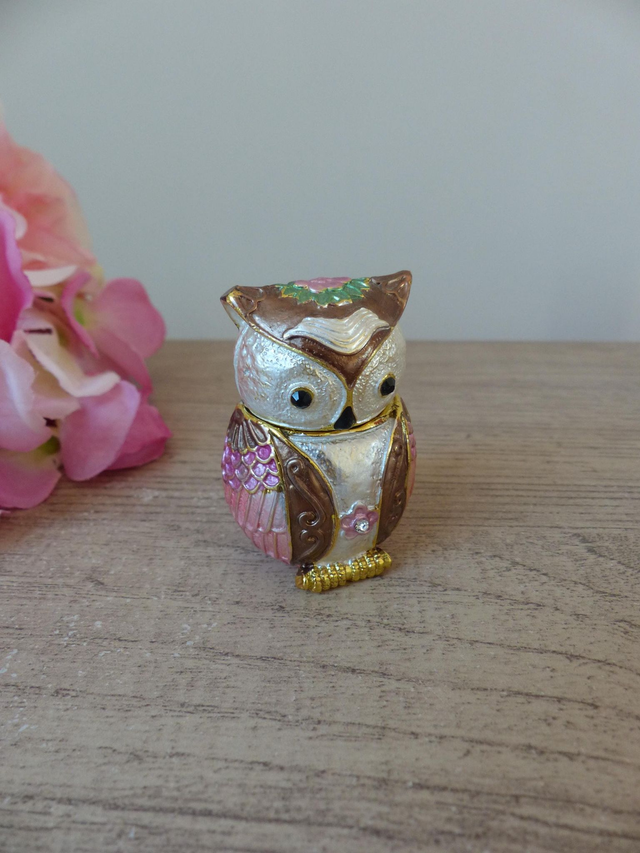 Pilulier Boite à Bijoux Miniature Boite à Secrets Articulée Chouette Hibou en Métal Emaillé avec Strass Vintage,  Hibou Porte Bonheur Déco