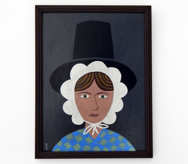 Original Naive Welsh Lady "Gwen" Folk Art Portrait In Hand Painted Frame