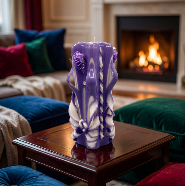 Hand-Carved Pillar Candle – Artisan Decorative Candle - Purple/White JC51
