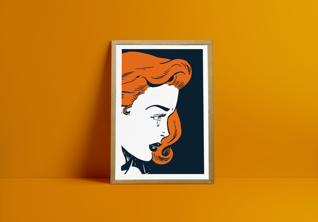 Redhead Girl, Affiche en édition limitée, sérigraphie artisanale | femme rousse, comic book, orange, bleu, pop art, wall decor, decoration