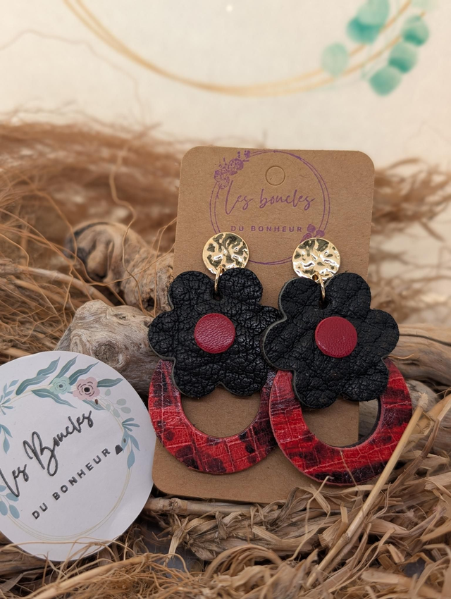 Boucles d'oreilles fleur rétro rouge et noir mo098