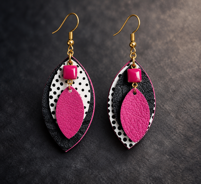  OCTOBRE ROSE-Fantaisie Fuchsia – Boucles d’oreilles en cuir véritable, rose et noir à pois 