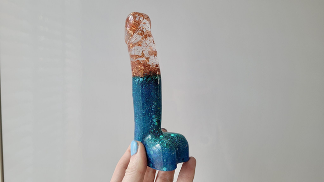 Penis Ornament -Blue Glitter &amp; Copper Leaf Split - Medium 14.5cm