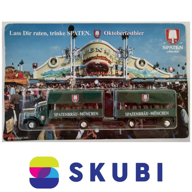 Reklamní kamion s vlekem, se sudy - MAN Diesel Oldtimer - Spatenbräu München - Lass Dir raten, trinke Spaten - Oktoberfestbier - model 1:87 H0