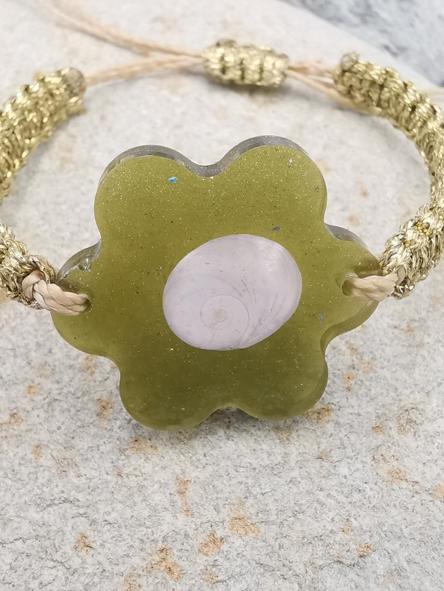 BCO-032 Bracelet grosse fleur kaki doré 