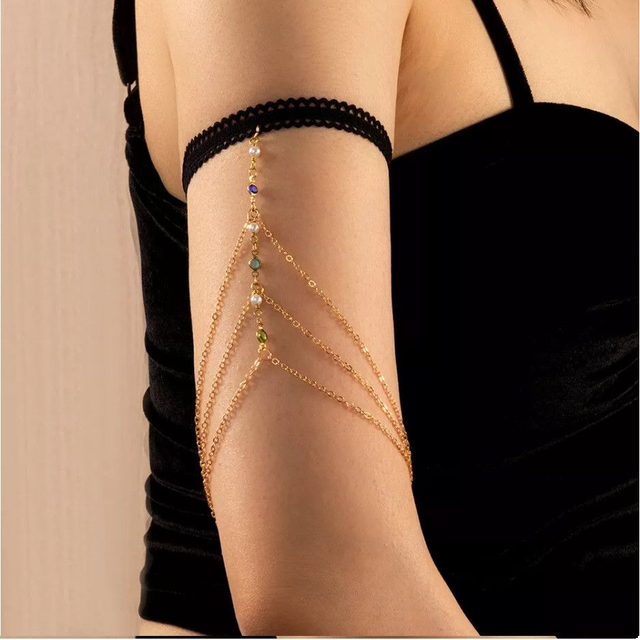 Bracelet de bras dentelle noire, perles et pierres de couleurs