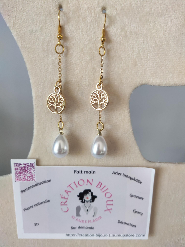 Boucle d'oreille arbre de vie et perle