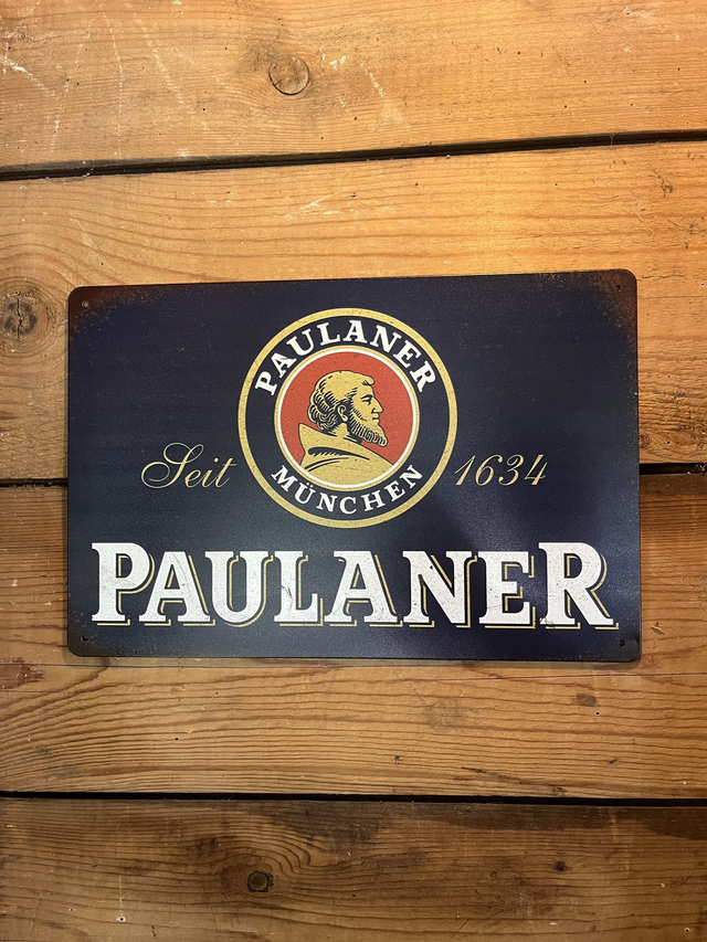 Metalen bierbord Paulaner (blauw/zwart) - 30 X 20 cm