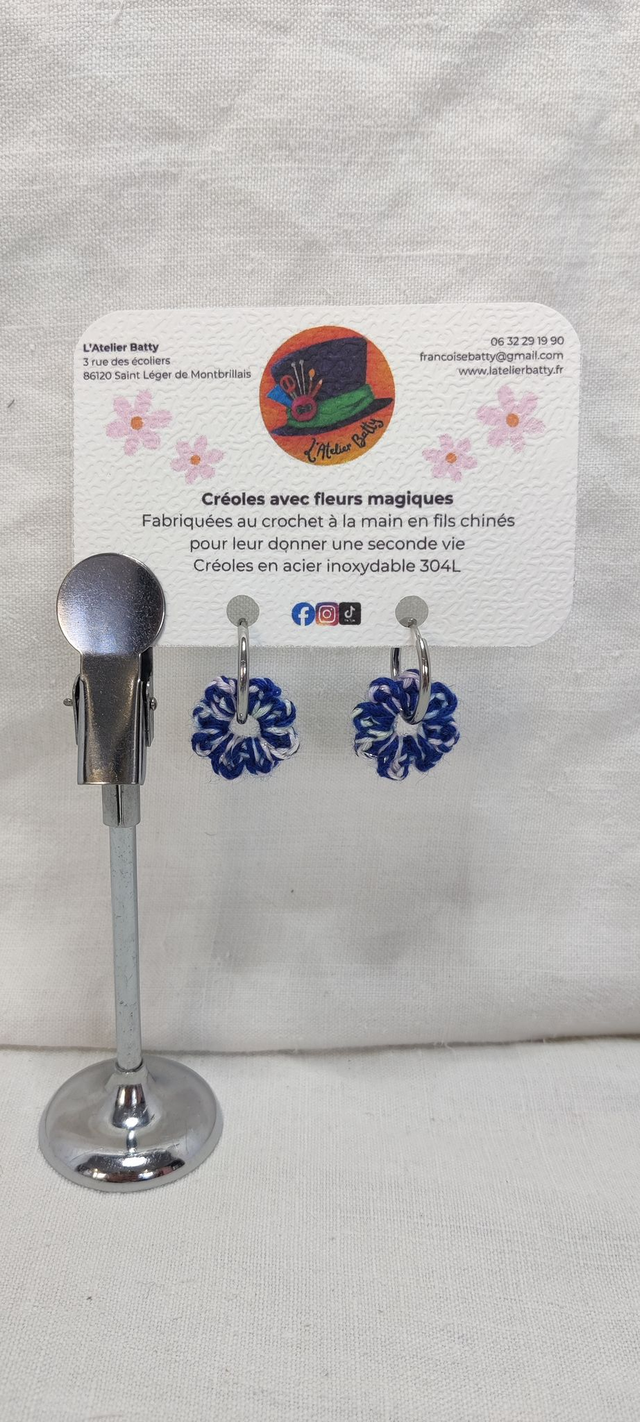 Créoles argentées Pampillettes Vichy Bleu Marine