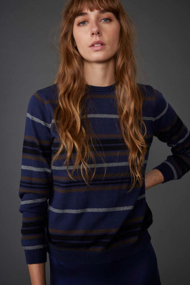 Navy Stripe Fine Cotton/Cashmere Crew Neck Sweater