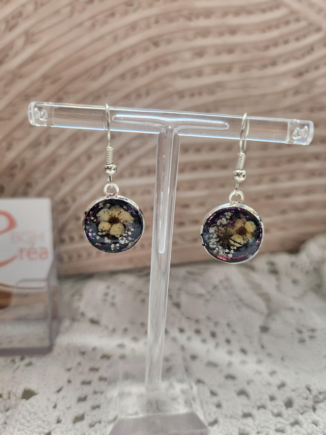 Boucles d'oreilles fleurs fond bleue et argent