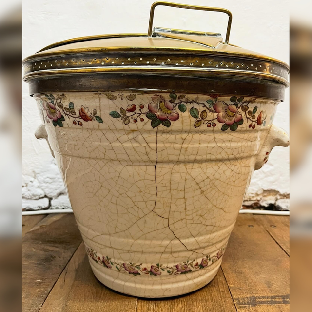 A Late Victorian Dairy Ironstone Milk Pail And Original Patented Brass Cover by The Dairy Outfit Company Ltd of King’s Cross, London