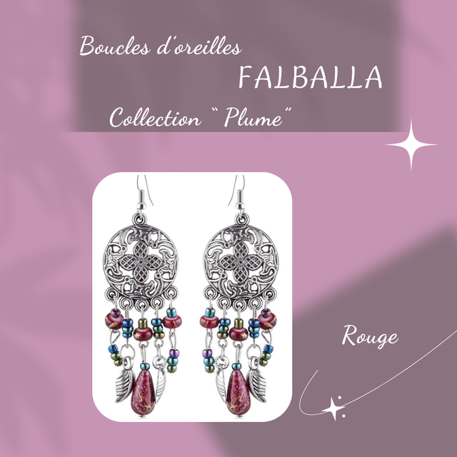 Boucles d&#039;oreilles FALBALLA - Collection Plume - Rouge